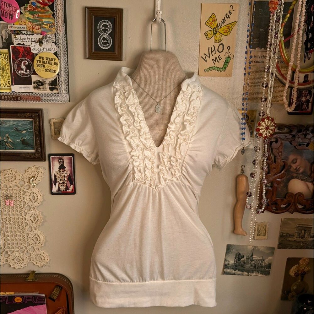 V-Neck Puff Sleeve T-Shirt Blouse Women's Medium White